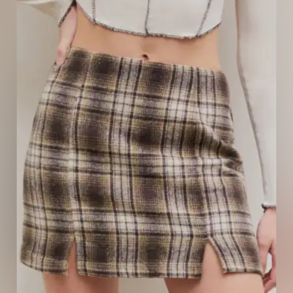 Cider Tweed Gingham Split Mini Skirt